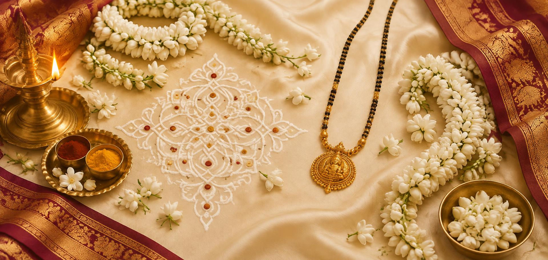 Jasmine garlands, a kolam and a gold thali on ivory silk