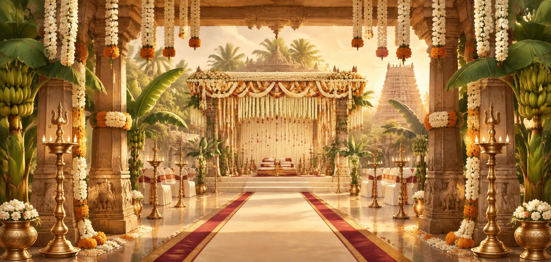 A kalyana mandapam adorned with jasmine and marigold garlands